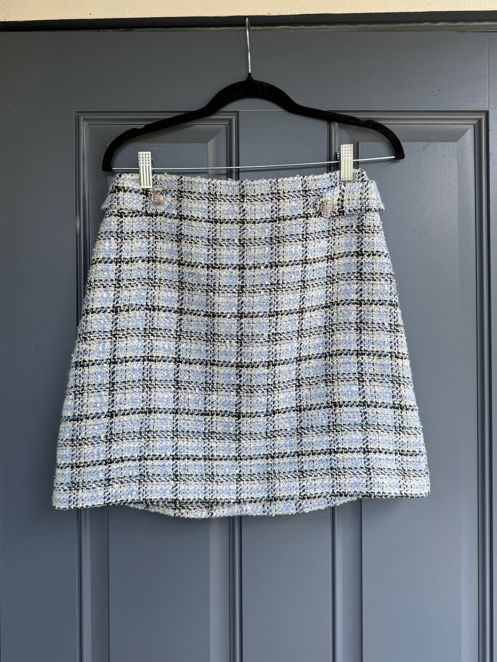 Classic Tweed Mini Skirt in Light Blue Plaid